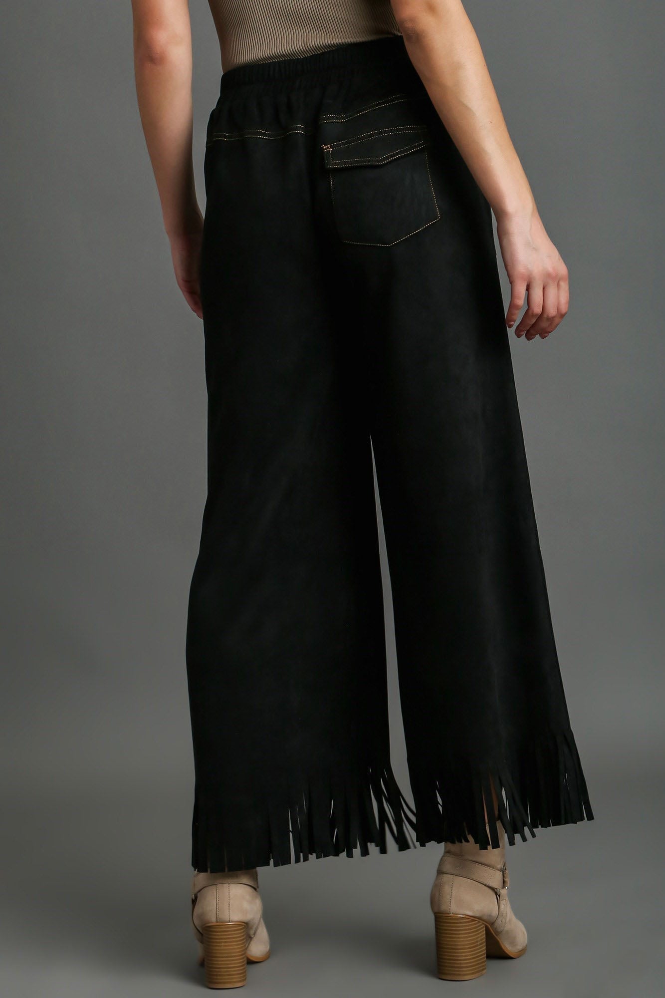 Umgee Full Size Suede Fringe Hem Wide Leg Pants Plus Size-2