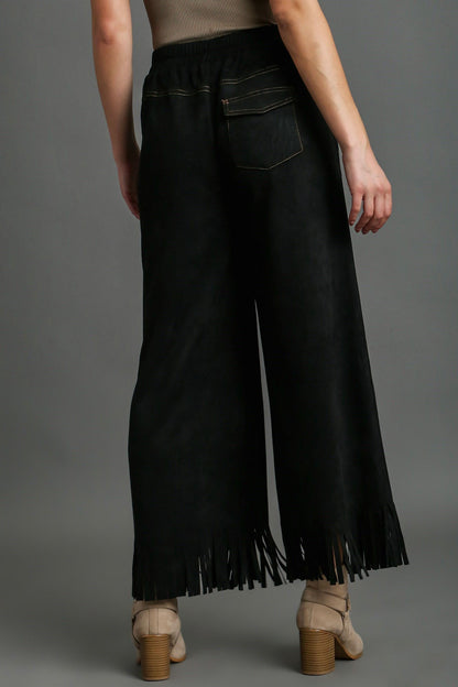 Umgee Full Size Suede Fringe Hem Wide Leg Pants Plus Size-2