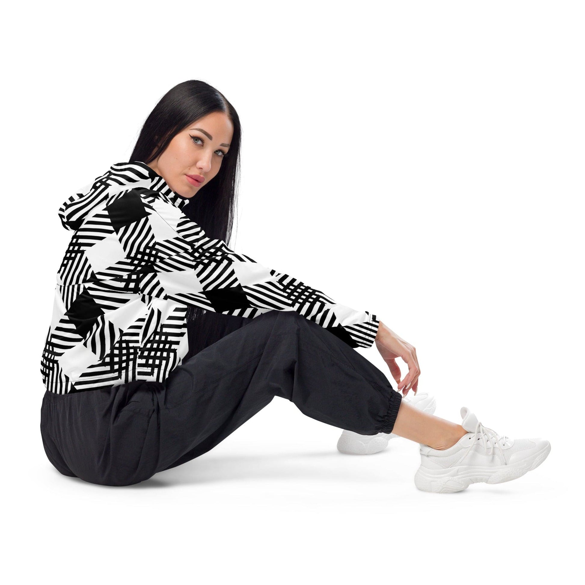 Womens Cropped Windbreaker - Black and White Plaid Print-2