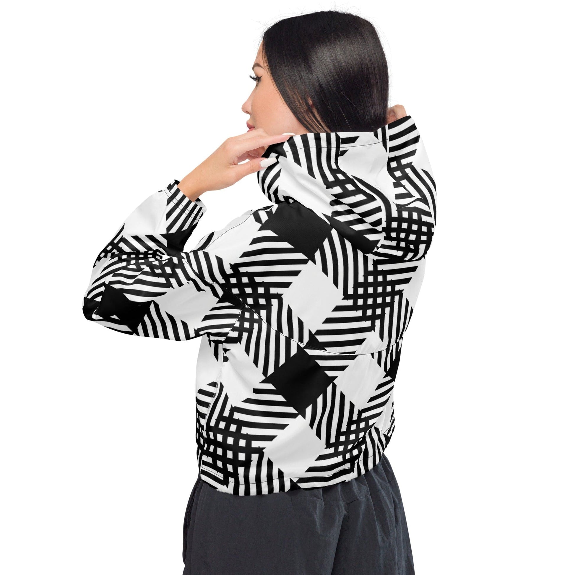 Womens Cropped Windbreaker - Black and White Plaid Print-1