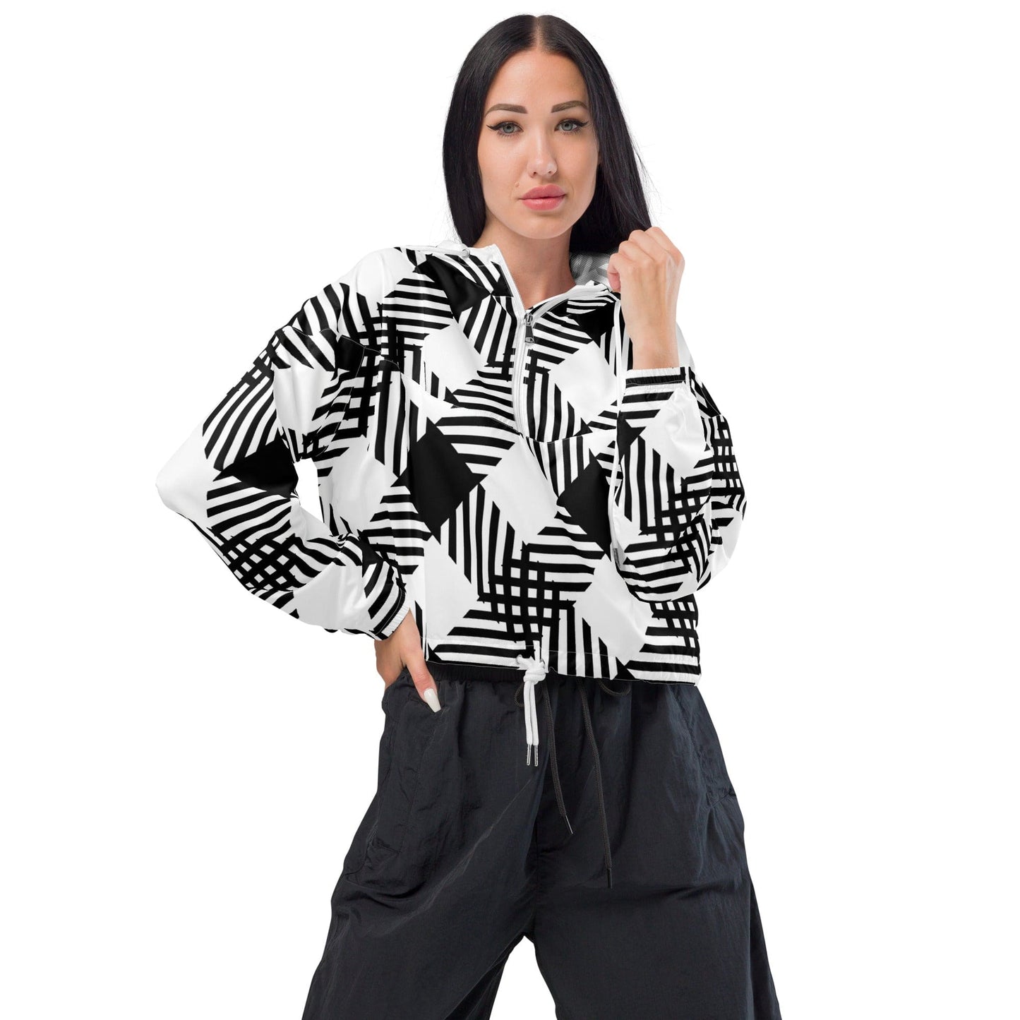 Womens Cropped Windbreaker - Black and White Plaid Print-3