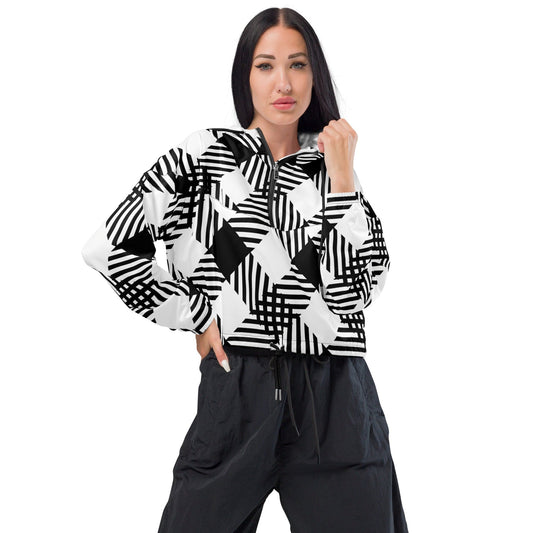 Womens Cropped Windbreaker - Black and White Plaid Print-0